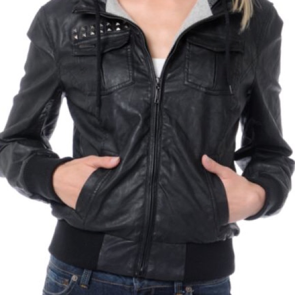 Black Faux Leather Hooded Jacket