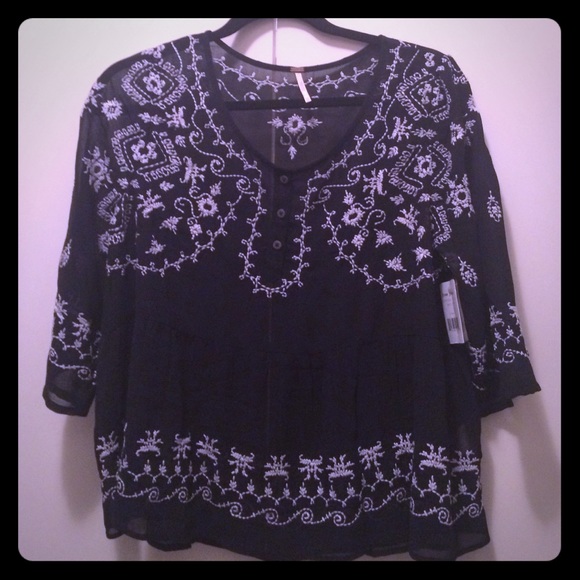Free People Embroidered Navy Top.