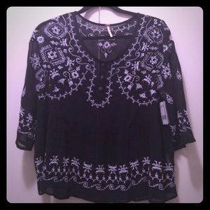 Free People Embroidered Navy Top.