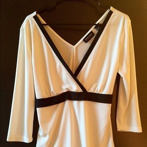 Cream and Black V-Neck Blouse with Tie Back
