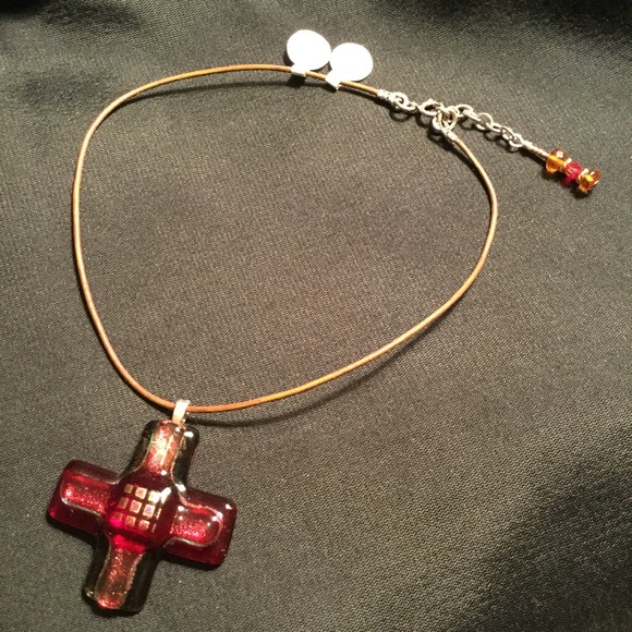 Fused Glass Cross: SS, Leather & Crystal Necklace