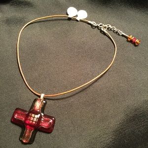 Fused Glass Cross: SS, Leather & Crystal Necklace