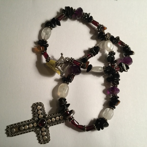 Garnet, Amethyst, Onyx, Moonstone & Sterling Cross