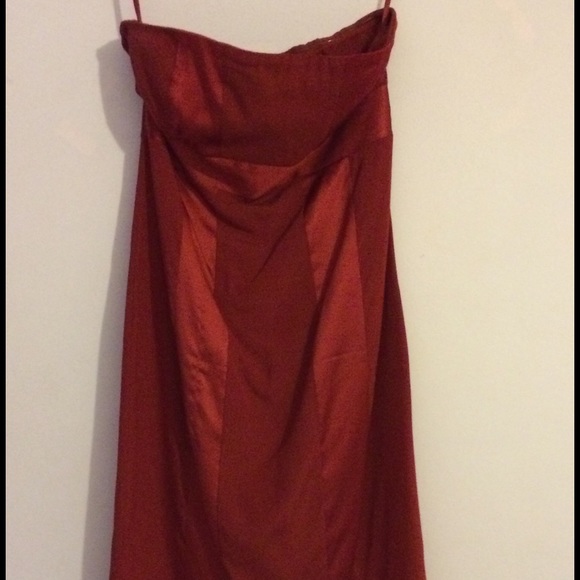 Red satin strapless dress