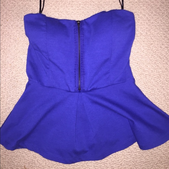 Strapless royal blue peplum zip top