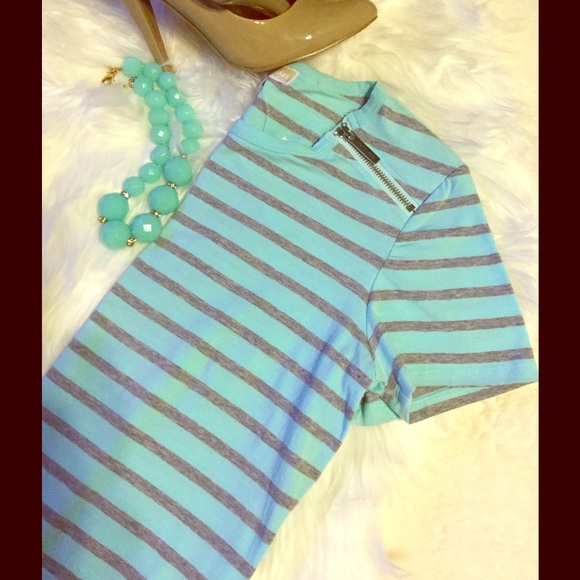 Michael Kors Aqua and gray stripe tee
