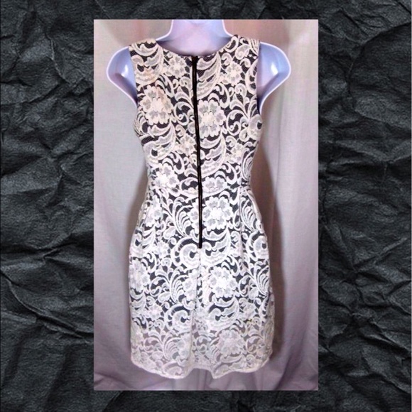 Black Dress with White Hi-Low Lace Overlay - Picture 2 of 3