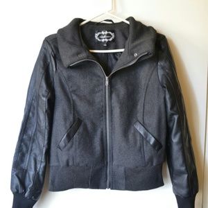 Wool blend bomber jacket with leather sleeves