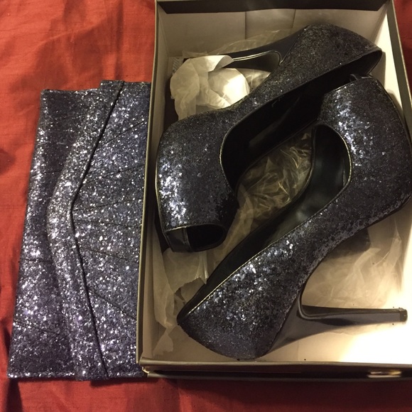 Micheal navy glitter heels w/matching clutch purse