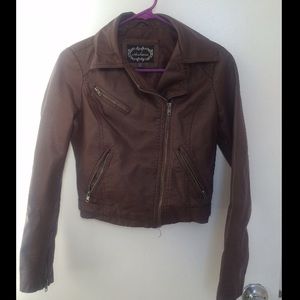 Faux Leather Biker Jacket with Zipper (S, Brown)