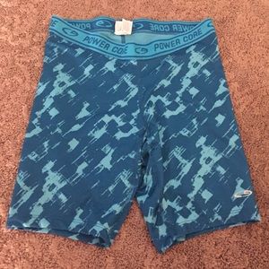 Blue spandex workout or bike shorts.