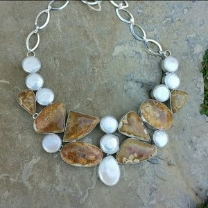 Sediment Jasper & pearl necklace sterling colar