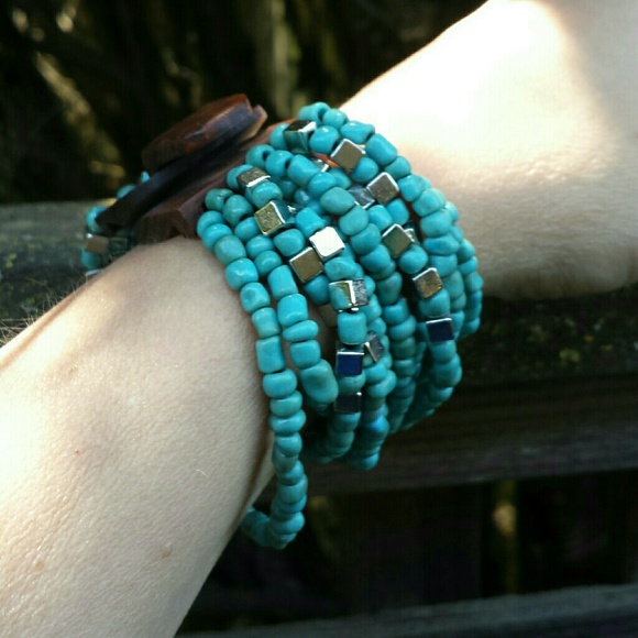 📗GWaC Java Bead & Narrow Cuff Bracelet -Turquoise