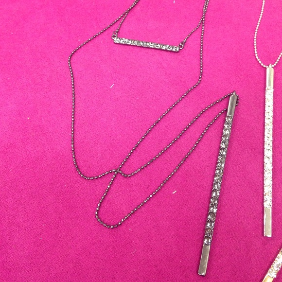 Double Layered Crystal Bar Necklaces, Gun, Gld,Sil-Boutique - Picture 2 of 4