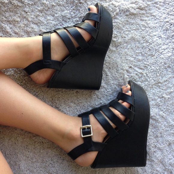 Black Strappy Platform Wedges