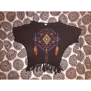 Black Aztec Crop Top with fringe