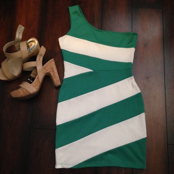 One shoulder green white striped mini