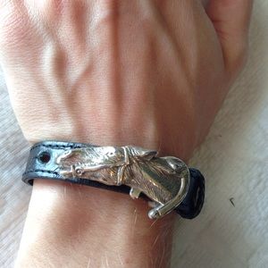 Antique black leather and silver horse bracelet