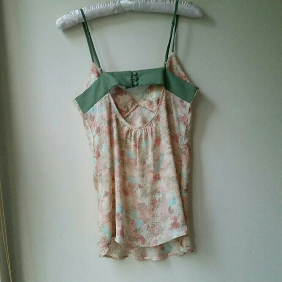 Floral silk blouse green and pink w back cut-out - Picture 2 of 4