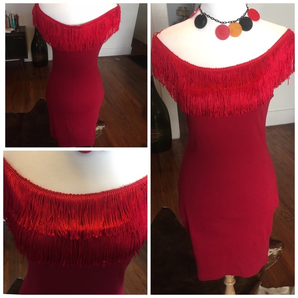 Lipstick red 1950s style fringe wiggle dress.