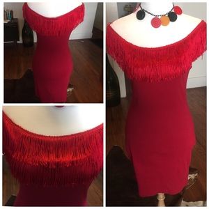 Lipstick red 1950s style fringe wiggle dress.