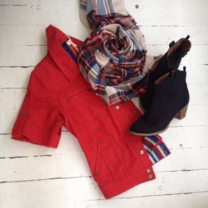 Cropped Red linen short sleeve jacket