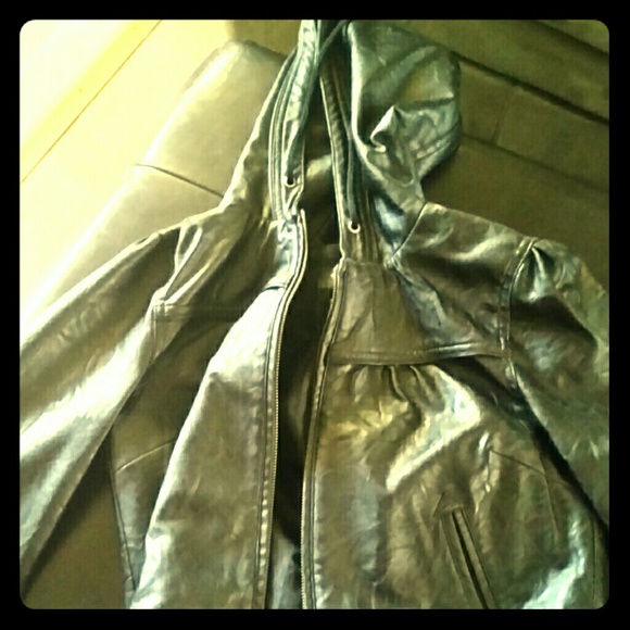 Fake leather jacket with hood