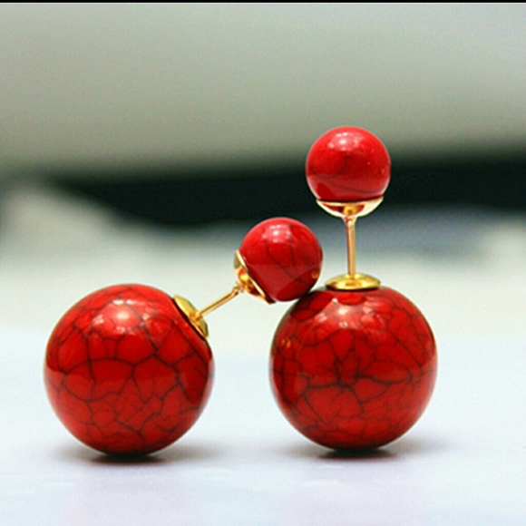 Red double pearl earrings