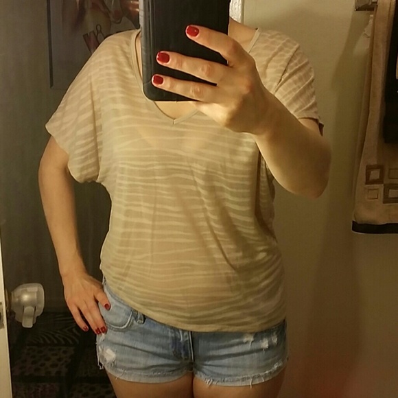 Nude beige loose striped l asymmetrical dolman L