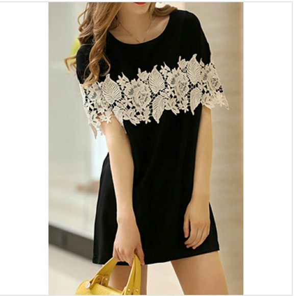 Lace Patchwork Black Mini Dress - Picture 2 of 4