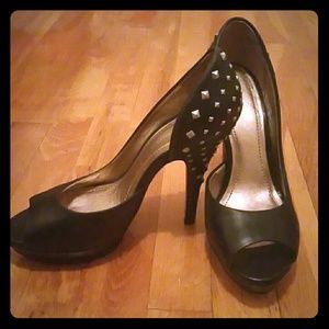 BcBg Designer Peep Toe Leather Studded Pumps