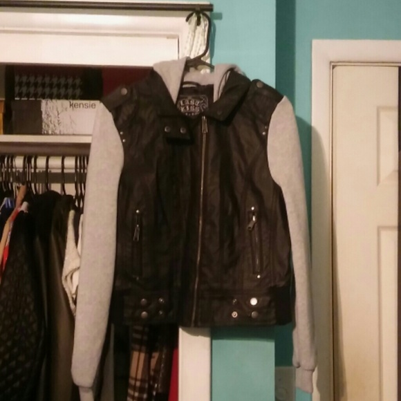 Faux black leather/grey hoodie