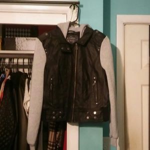 Faux black leather/grey hoodie