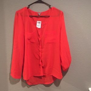 Bright coral red button up blouse