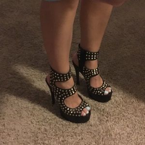 Black leather gold spike/studded heels
