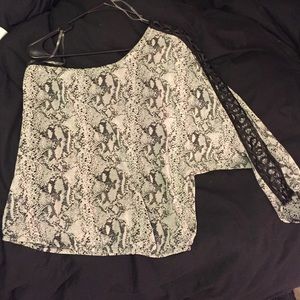 Grey snakeskin one-shoulder top.
