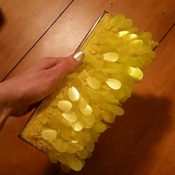 Yellow sequin and bead handbag clutch