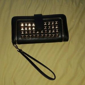 Gold studded black leather wristlet wallet