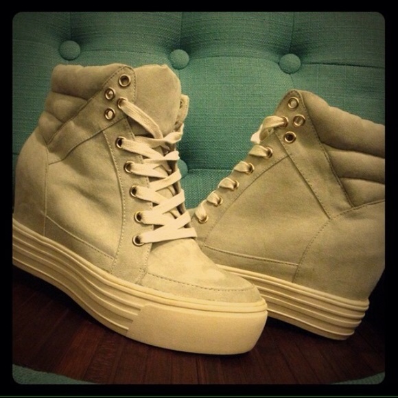 Gray suede platform wedge sneakers