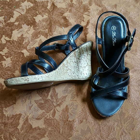 Black strapped wedge heel sandals