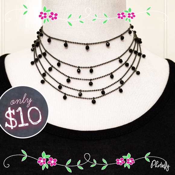 Dressy black shiny beaded 14" choker necklace