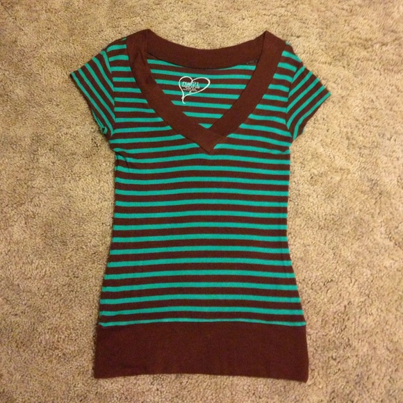 Green & brown striped short sleeve top