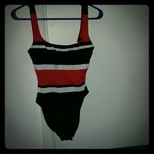 Red white and black striped bathing suit