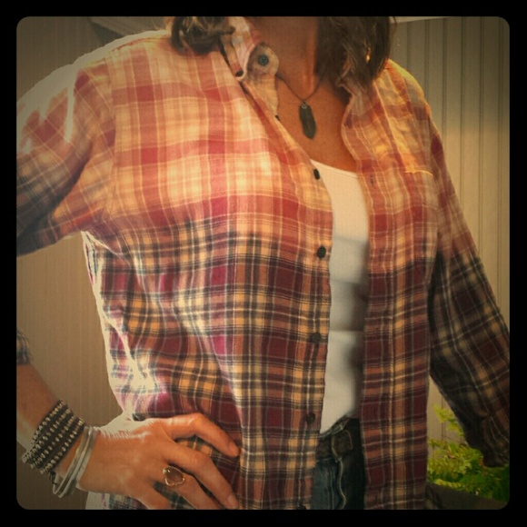 *SOLD*Dip Dye Dyed Flannel Plaid Shirt Ombre Shirt