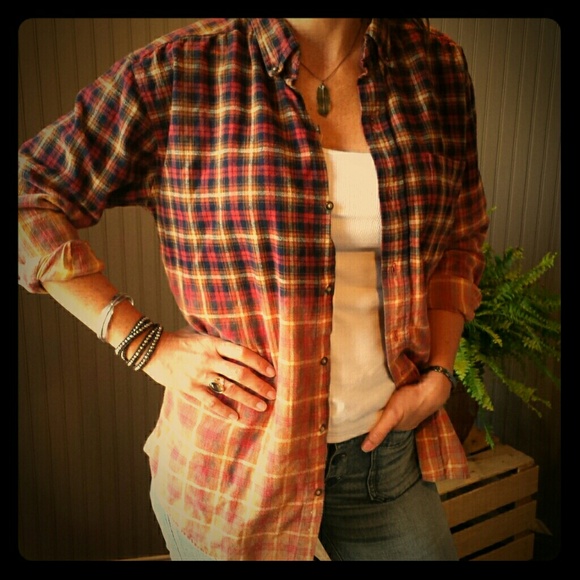 *SOLD* Dip Dye Dyed Flannel Plaid Ombre Shirt