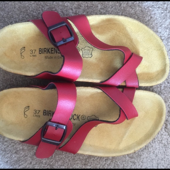 Unique red strappy Birkenstock sandals