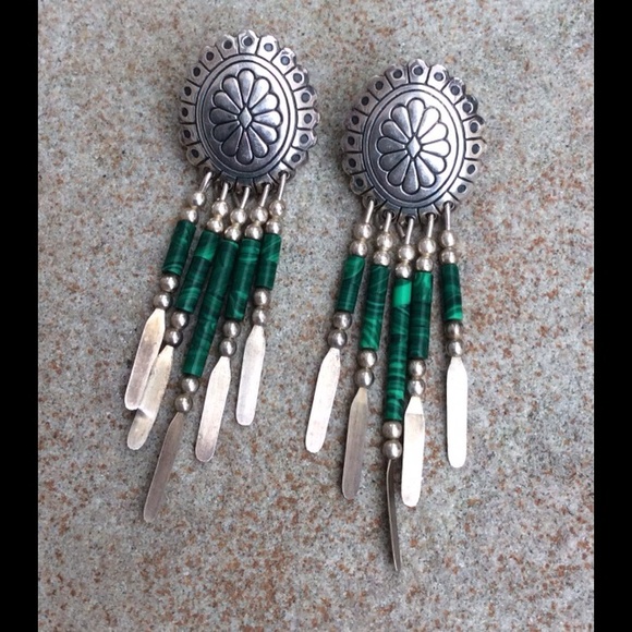 SOLDDD Vintage sterling silver malachite earrings - Picture 2 of 4