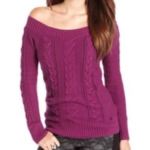 Guess Off the Shoulder Sweater in Purple Pink