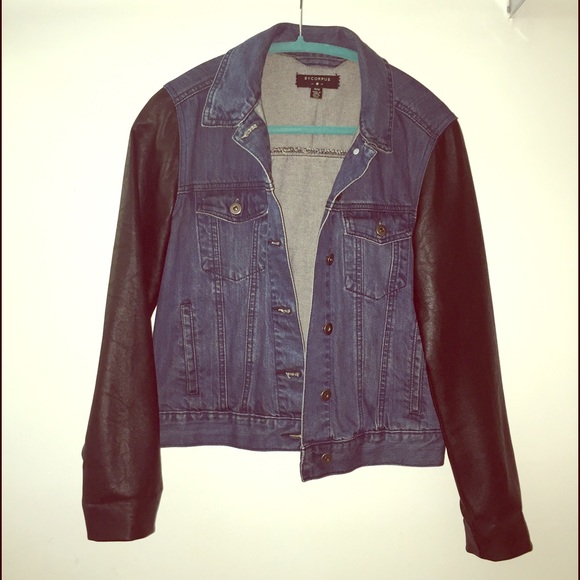 Denim jacket with leather sleeves