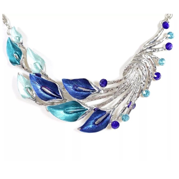 Art Deco Leaf Petal Teal Blue Green Necklace D16 - Picture 2 of 4